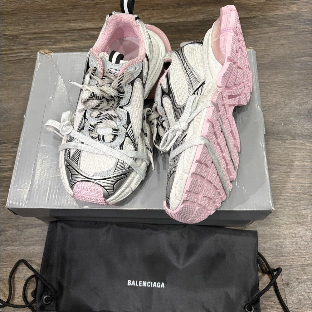 Balenciaga White and Pink Layered Runner Sneakers with Black Accents